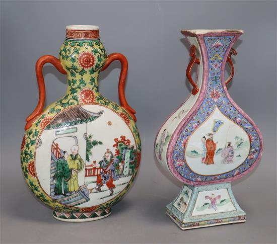 Two Chinese flask shaped vases, 18th century and Republic period tallest 27cm